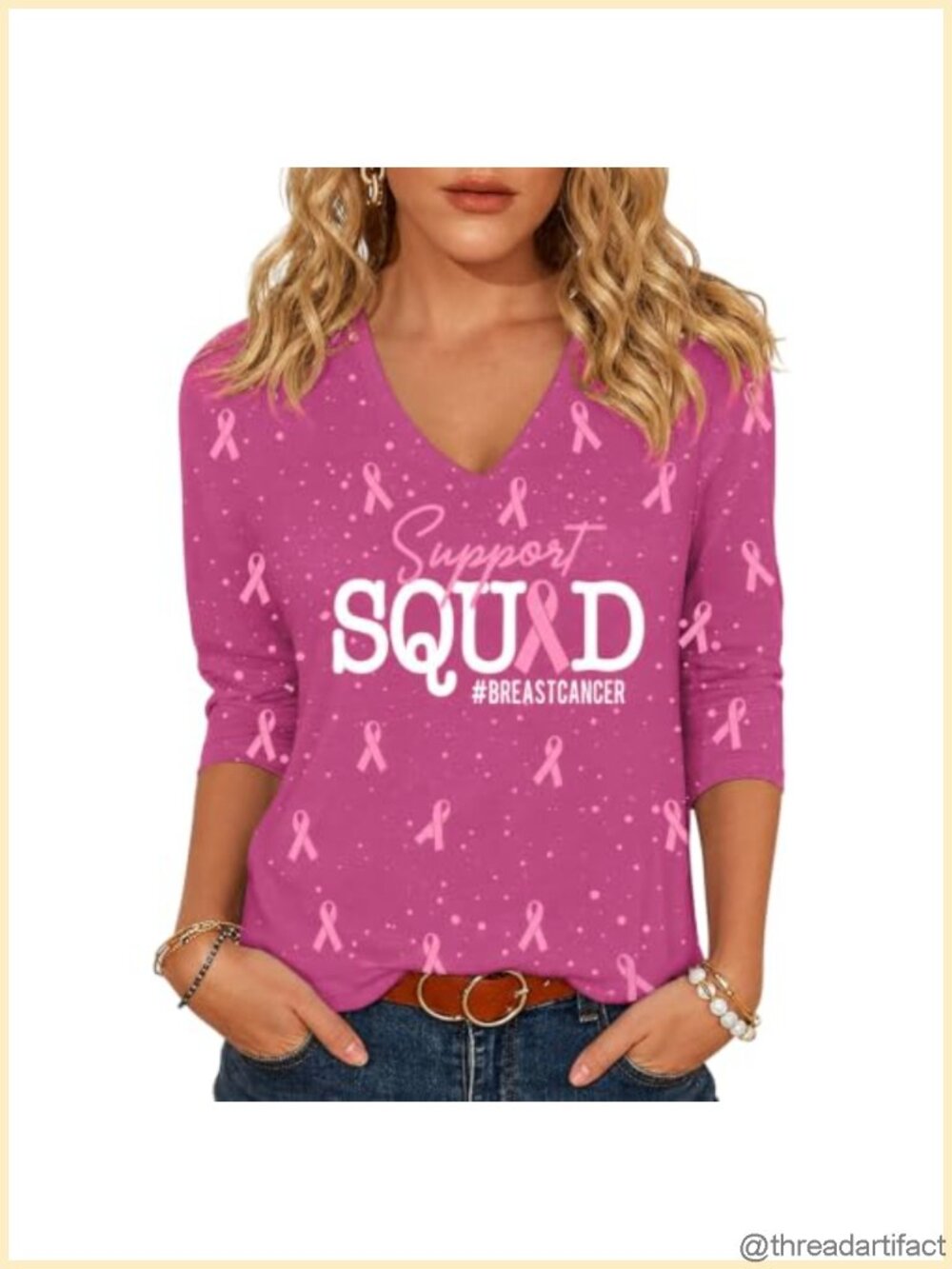 Women's Breast Cancer Awareness V-Neck 3/4 Sleeve Graphic Tee Casual Top